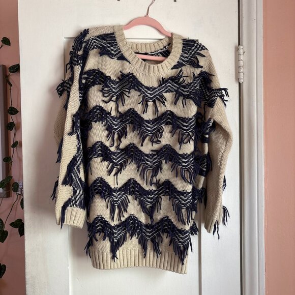 MINKPINK Fringe Chevron Knit Sweater Beige Navy Pullover Women’s Size Small - Picture 5 of 7
